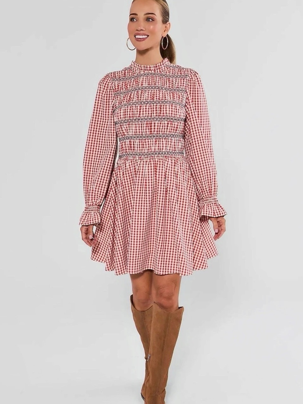 Avara Red & White Gingham Smocked Mini Dress Like New